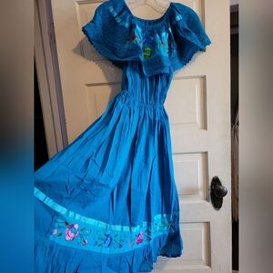 Blue Off-Shoulder Embroidered Dress